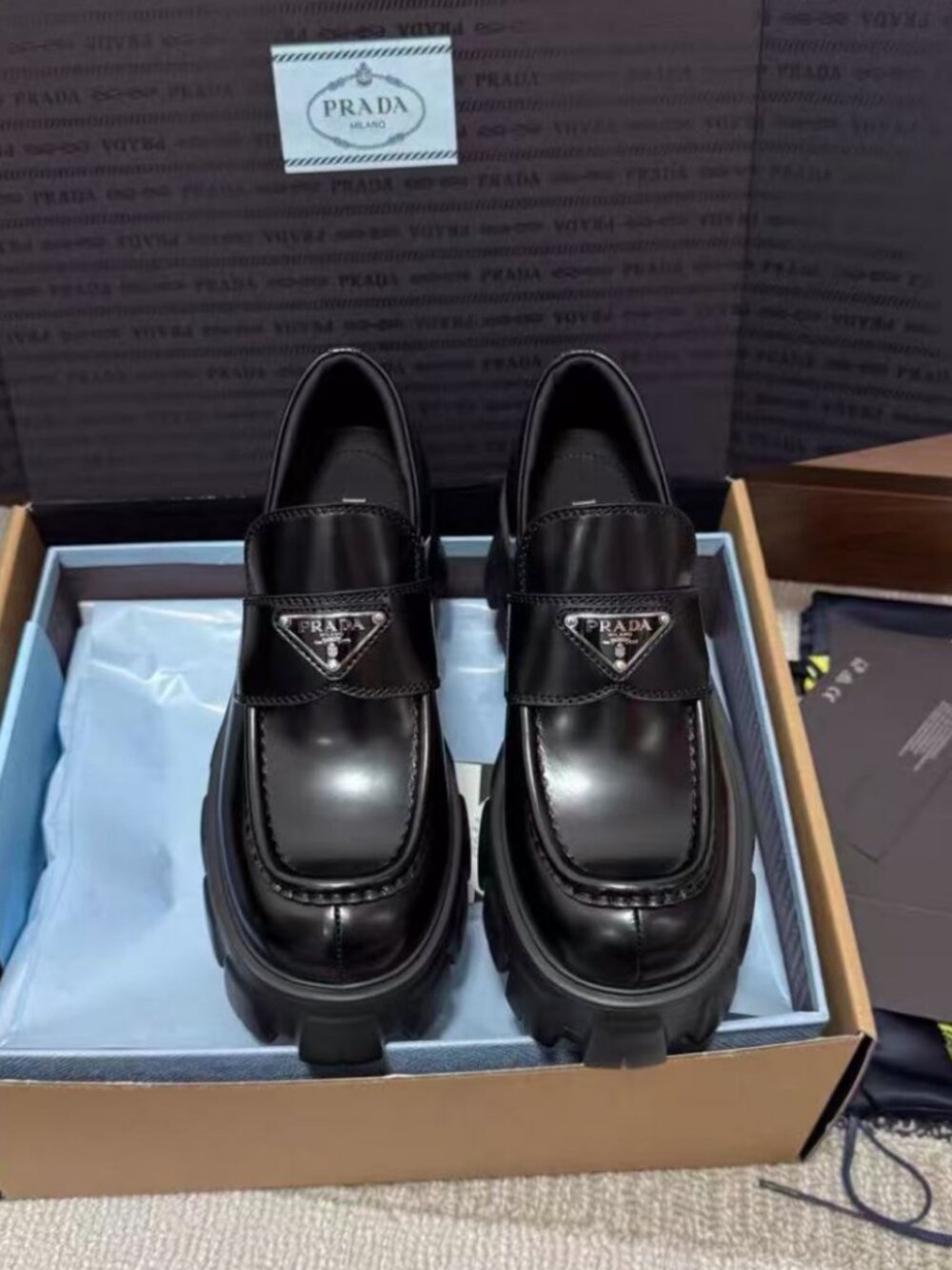 Prada Black Triangle Logo Chunky Lug Sole Loafers